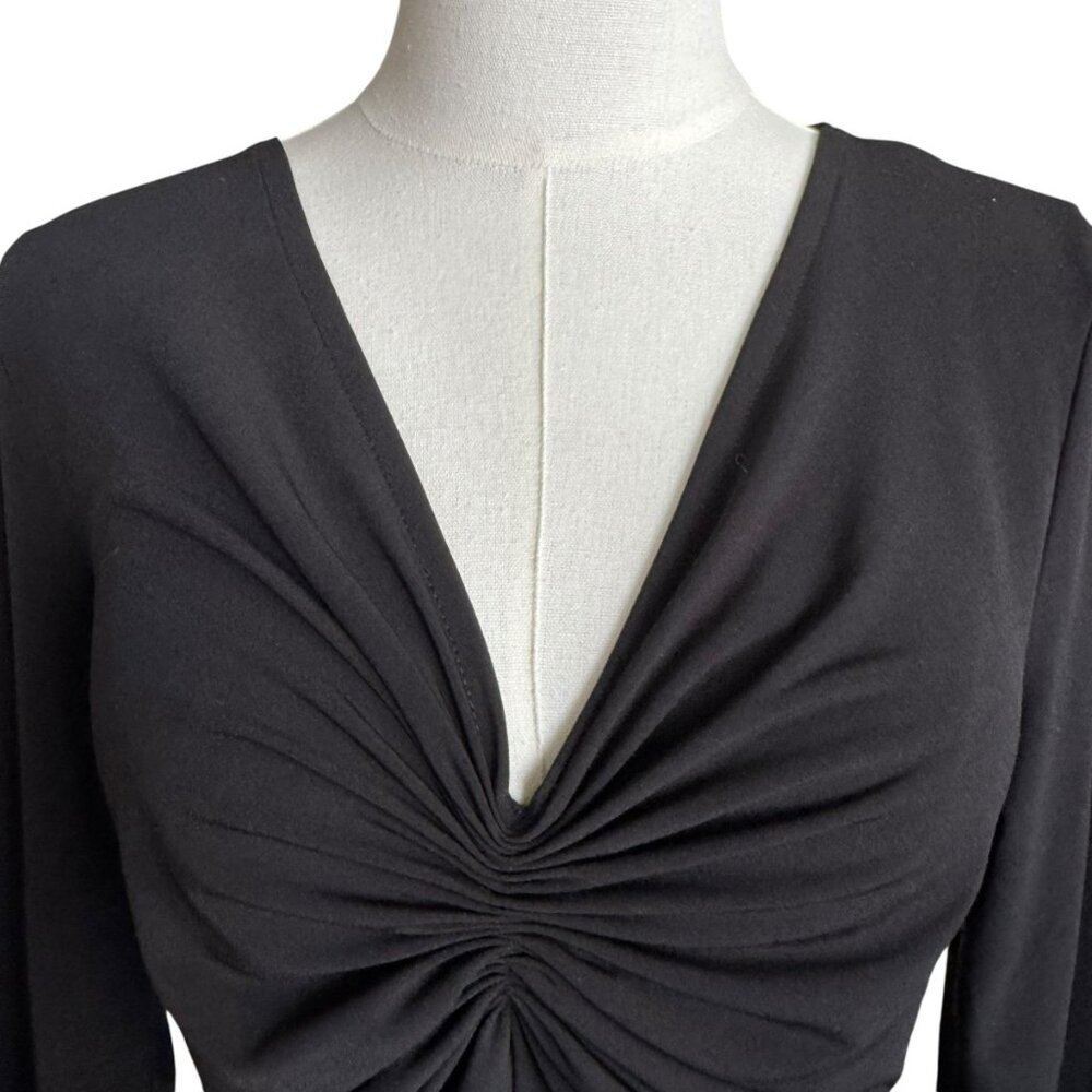 Michael Kors Black Ruched V-Neck Top Size M | Elegant Stretch Knit Long Sleeve - Picture 4 of 13